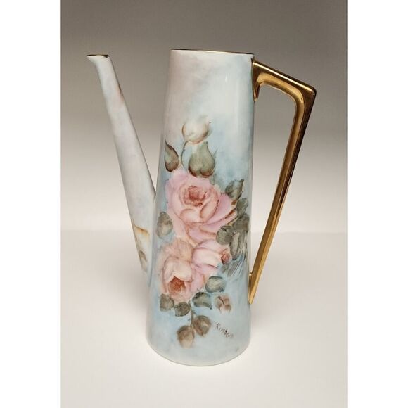 VINTAGE 1970s  HAND PAINTED COFFEE TEA POT, ROSES & GOLD - Picture 5 of 14